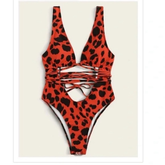 Red Cheetah One-Piece Cutout Swimwsuit - Picture 2 of 4